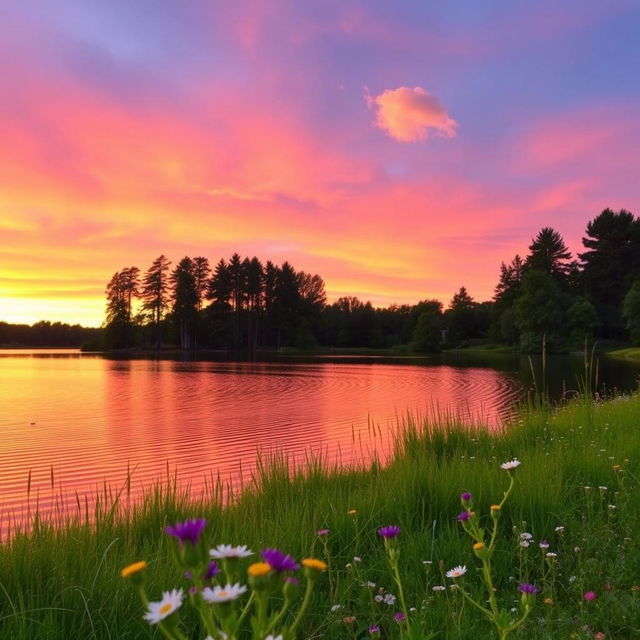 A serene sunset over a tranquil lake, with vibrant shades of orange, pink, and purple in the sky