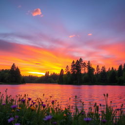 A serene sunset over a tranquil lake, with vibrant shades of orange, pink, and purple in the sky
