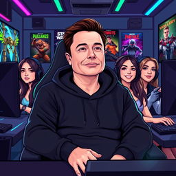 A vector style illustration of Elon Musk wearing a black hoodie, sitting in a gamer chair