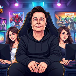 A vector style illustration of Elon Musk wearing a black hoodie, sitting in a gamer chair