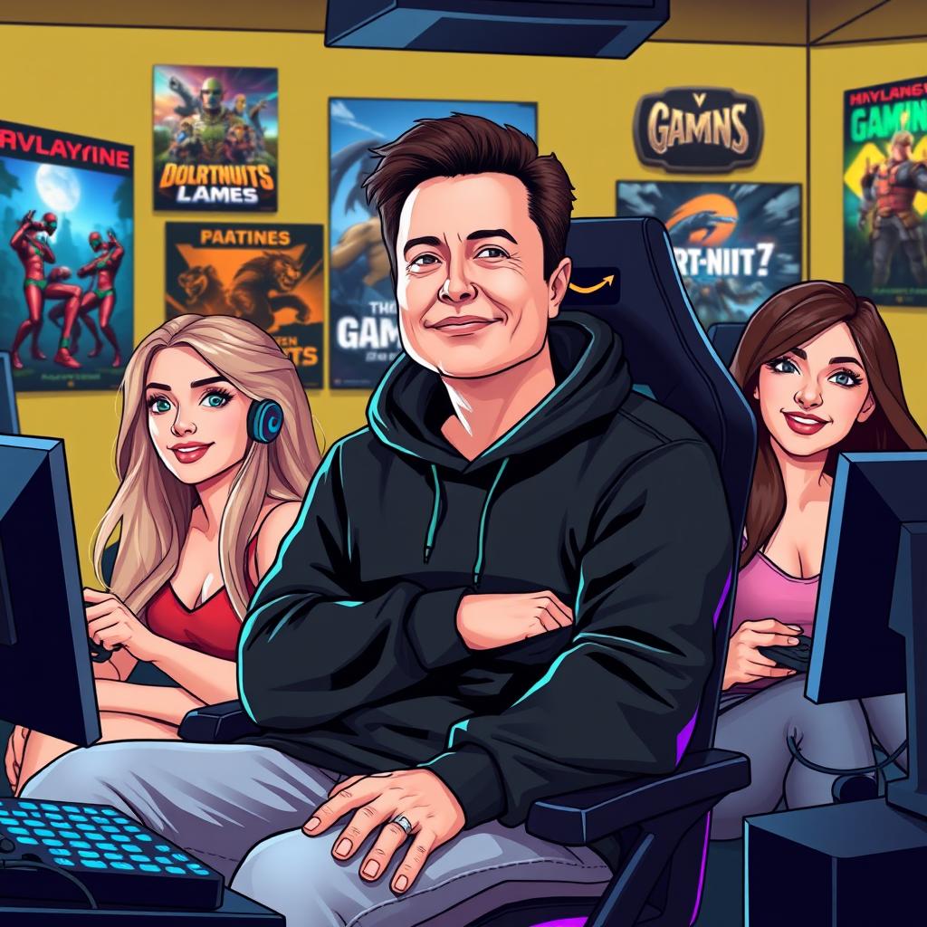 A vector style illustration of Elon Musk wearing a black hoodie, sitting in a gamer chair