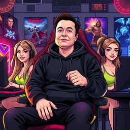 A vector style illustration of Elon Musk wearing a black hoodie, sitting in a gamer chair