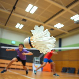 A dynamic and energetic scene of a badminton game, showcasing a stylish shuttlecock soaring through the air, but uniquely flipped to show the feathered end facing the player