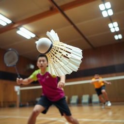 A dynamic and energetic scene of a badminton game, showcasing a stylish shuttlecock soaring through the air, but uniquely flipped to show the feathered end facing the player