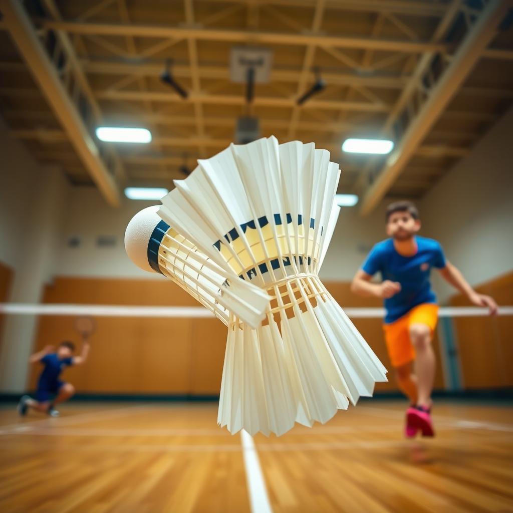 A dynamic and energetic scene of a badminton game, showcasing a stylish shuttlecock soaring through the air, but uniquely flipped to show the feathered end facing the player