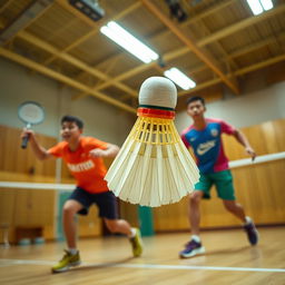 A dynamic and energetic scene of a badminton game, showcasing a stylish shuttlecock soaring through the air, but uniquely flipped to show the feathered end facing the player