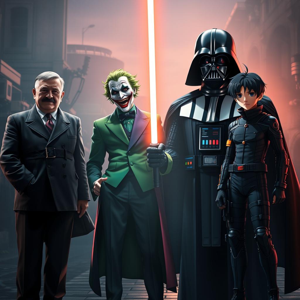 A highly detailed group photo featuring an imaginative crossover of iconic characters: Adolf Hitler with a stern expression, the Joker with his signature grin and colorful suit, Darth Vader in his imposing black armor and cape, and Eren Yeager with his determined look in his Survey Corps uniform