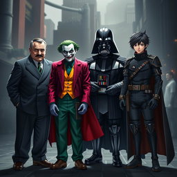 A highly detailed group photo featuring an imaginative crossover of iconic characters: Adolf Hitler with a stern expression, the Joker with his signature grin and colorful suit, Darth Vader in his imposing black armor and cape, and Eren Yeager with his determined look in his Survey Corps uniform