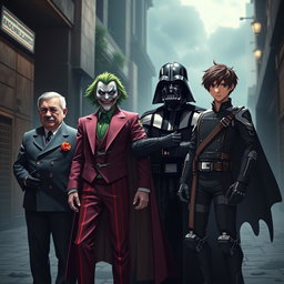 A highly detailed group photo featuring an imaginative crossover of iconic characters: Adolf Hitler with a stern expression, the Joker with his signature grin and colorful suit, Darth Vader in his imposing black armor and cape, and Eren Yeager with his determined look in his Survey Corps uniform
