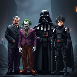 A highly detailed group photo featuring an imaginative crossover of iconic characters: Adolf Hitler with a stern expression, the Joker with his signature grin and colorful suit, Darth Vader in his imposing black armor and cape, and Eren Yeager with his determined look in his Survey Corps uniform
