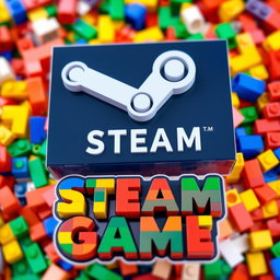 A vibrant and colorful image featuring a large, stylized Lego representation of the Steam logo, surrounded by very small Lego handles crafted with great detail