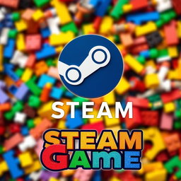 A vibrant and colorful image featuring a large, stylized Lego representation of the Steam logo, surrounded by very small Lego handles crafted with great detail