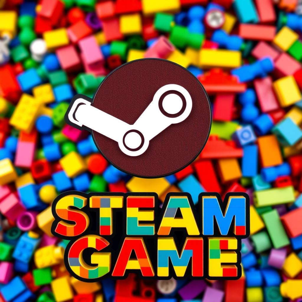 A vibrant and colorful image featuring a large, stylized Lego representation of the Steam logo, surrounded by very small Lego handles crafted with great detail