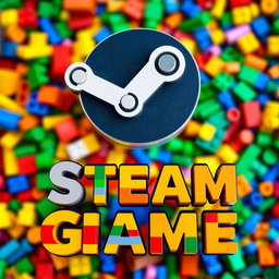 A vibrant and colorful image featuring a large, stylized Lego representation of the Steam logo, surrounded by very small Lego handles crafted with great detail