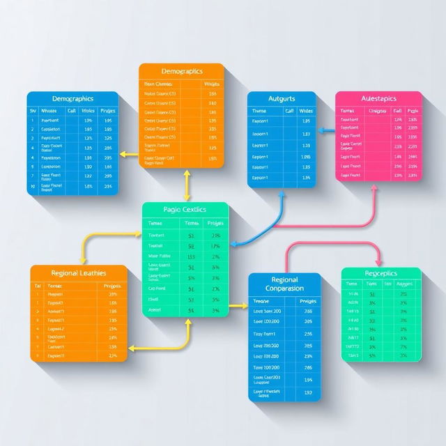 A beautifully designed infographic showcasing various interconnected tables, featuring vibrant colors and clear, legible text