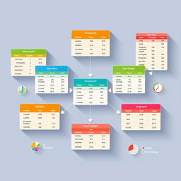 A beautifully designed infographic showcasing various interconnected tables, featuring vibrant colors and clear, legible text