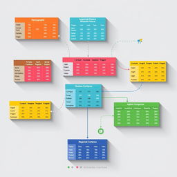 A beautifully designed infographic showcasing various interconnected tables, featuring vibrant colors and clear, legible text