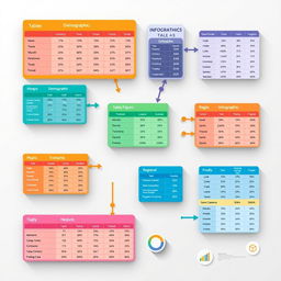 A beautifully designed infographic showcasing various interconnected tables, featuring vibrant colors and clear, legible text