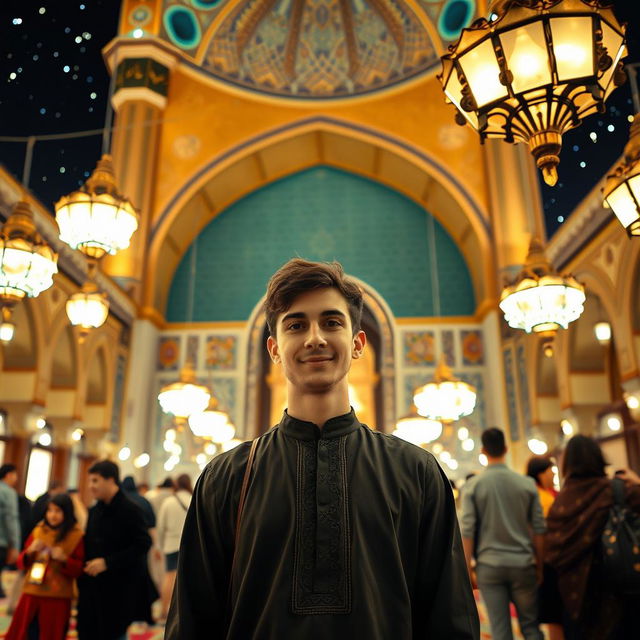 A young man standing in the vibrant atmosphere of Jamkaran Mosque, surrounded by beautiful architecture and twinkling lights