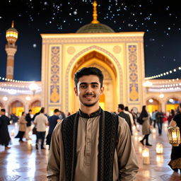 A young man standing in the vibrant atmosphere of Jamkaran Mosque, surrounded by beautiful architecture and twinkling lights