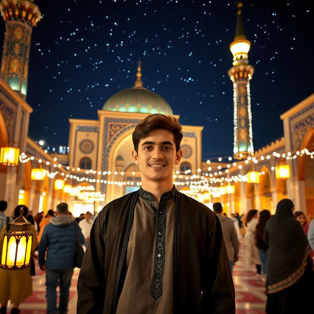 A young man standing in the vibrant atmosphere of Jamkaran Mosque, surrounded by beautiful architecture and twinkling lights