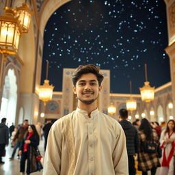 A young man standing in the vibrant atmosphere of Jamkaran Mosque, surrounded by beautiful architecture and twinkling lights