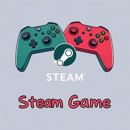 An artistic representation of the Steam logo in small size, positioned neatly around Xbox controllers that occupy the center of the image