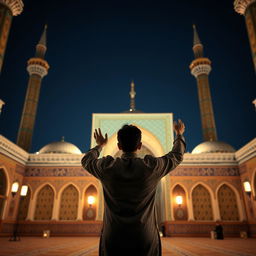 A young man standing with his back to the camera, in a moment of prayer and contemplation at Jamkaran Mosque