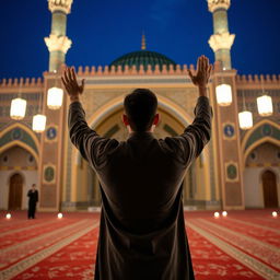 A young man standing with his back to the camera, in a moment of prayer and contemplation at Jamkaran Mosque