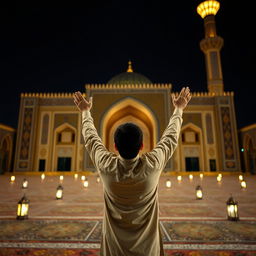 A young man standing with his back to the camera, in a moment of prayer and contemplation at Jamkaran Mosque