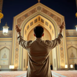 A young man standing with his back to the camera, in a moment of prayer and contemplation at Jamkaran Mosque