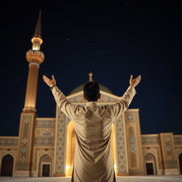 A young man standing with his back to the camera, immersed in prayer at Jamkaran Mosque