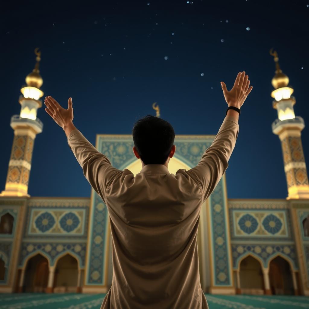 A young man standing with his back to the camera, immersed in prayer at Jamkaran Mosque