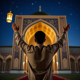 A young man standing with his back to the camera, immersed in prayer at Jamkaran Mosque