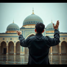 A young man standing with his back to the camera, engaged in prayer at Jamkaran Mosque