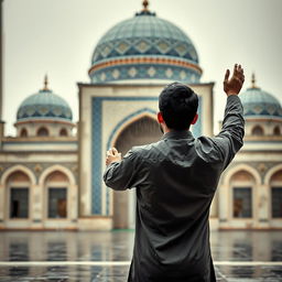 A young man standing with his back to the camera, engaged in prayer at Jamkaran Mosque