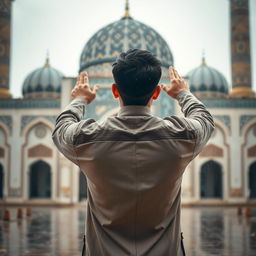 A young man standing with his back to the camera, engaged in prayer at Jamkaran Mosque