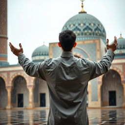 A young man standing with his back to the camera, engaged in prayer at Jamkaran Mosque