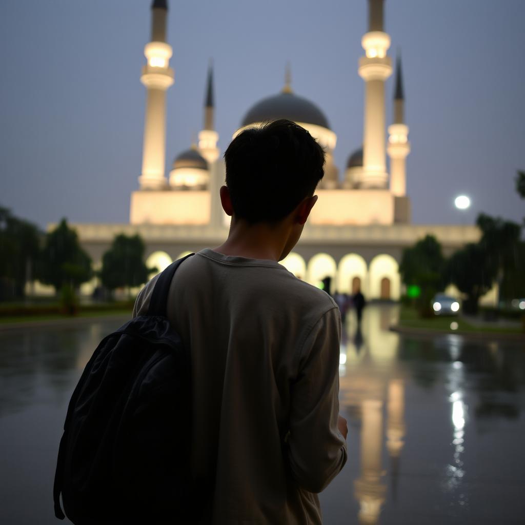 A young person standing with their back to the camera, engaged in a moment of quiet prayer or contemplation, in the rain at the Jamkaran Mosque