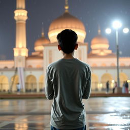A young person standing with their back to the camera, engaged in a moment of quiet prayer or contemplation, in the rain at the Jamkaran Mosque