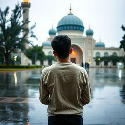 A young person standing with their back to the camera, engaged in a moment of quiet prayer or contemplation, in the rain at the Jamkaran Mosque