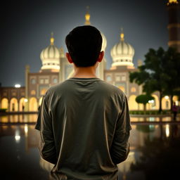 A young person standing with their back to the camera, engaged in a moment of quiet prayer or contemplation, in the rain at the Jamkaran Mosque