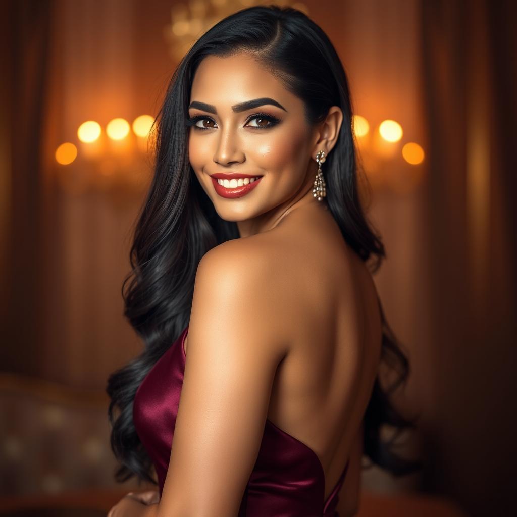 A glamorous and stunning portrait of a Hispanic actress with long dark hair, striking features, and a confident smile, embodying beauty and charm
