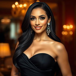 A glamorous and stunning portrait of a Hispanic actress with long dark hair, striking features, and a confident smile, embodying beauty and charm