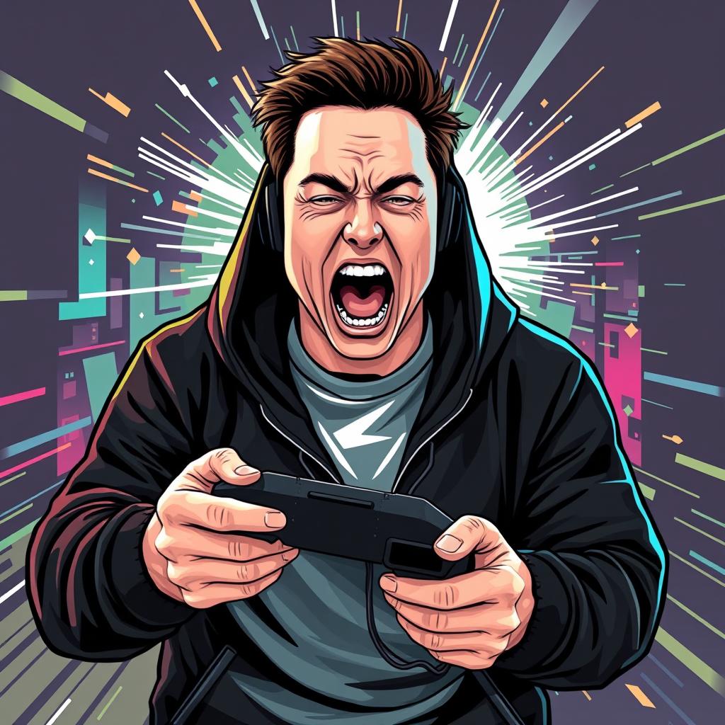 Elon Musk depicted as a passionate gamer wearing a stylish black hoodie, his expression intense as he screams in excitement while holding a game controller
