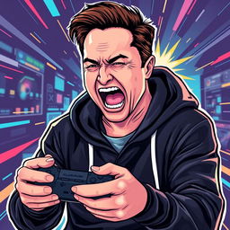 Elon Musk depicted as a passionate gamer wearing a stylish black hoodie, his expression intense as he screams in excitement while holding a game controller
