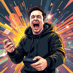 Elon Musk depicted as a passionate gamer wearing a stylish black hoodie, his expression intense as he screams in excitement while holding a game controller