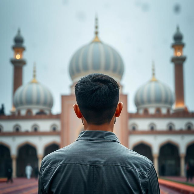 A young man with his back to the camera in a contemplative pose, engaged in prayer at Jamkaran Mosque