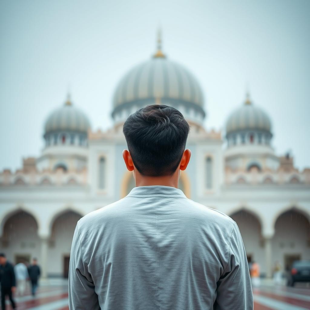 A young man with his back to the camera in a contemplative pose, engaged in prayer at Jamkaran Mosque