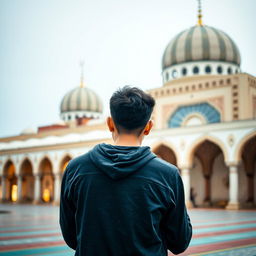 A young man with his back to the camera in a contemplative pose, engaged in prayer at Jamkaran Mosque